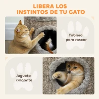 PawHut Casa para Gatos 3 en 1 Taburete Reposapiés Cama para Gatos con Rascador Patas de Madera Pluma 36x36x38 cm Gris(m-6)