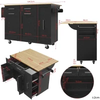 Îlot de cuisine avec plateau de table rabattable, desserte avec étagères à snacks et placards extensibles, 134,5x46/74x90,5 cm, Noir(m-3)