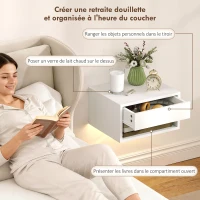 HOMCOM Lot de 2 tables de chevet suspendues avec éclairage LED RGB contrôle par application, étagère, tiroir, 37x32x21cm, blanc(m-5)