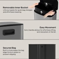 HOMCOM Coș de Gunoi cu Pedală de 50L cu Capac Amortizat, Deschidere la 90° și Găleată Detașabilă, Oțel Inoxidabil, Gri(m-7)