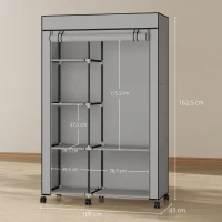 HOMCOM Roupeiro de Tecido Dobrável com 6 Prateleiras 1 Barra de Pendurar e Rodas para Dormitório Vestidor 103x43x162,5 cm Cinza(m-3)
