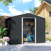 Outsunny 8 x 6ft Outdoor Garden Roofed Metal Storage Shed Tool Box with Ventilation & 2 Sliding Doors,Grey(m-8)