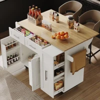 Îlot de cuisine avec plateau de table rabattable, desserte avec étagères à snacks et placards extensibles, 134,5x46/74x90,5 cm, Blanc(m-6)