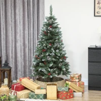 HOMCOM Brad de Crăciun Înnzăpezit Înalt de 150 cm cu 398 Ramuri, Brad Artificial de Interior cu Conuri și Boabe Roșii Decorative, Bază Metalică, Verde(m-2)