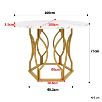 Tavolo da pranzo rotondo per 4 persone con piano in MDF e gambe in metallo, 100x100x76 cm, Bianco e Oro(m-3)