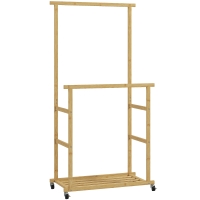 HOMCOM Perchero Colgador de Ropa de Bambú con Ruedas Estante para Zapatos 2 Barras para Colgar 80x40x160 cm Natural