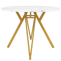 Tavolo da pranzo rotondo per 4 persone con piano in MDF, 100x100x76 cm, Bianco e Oro(m-2)