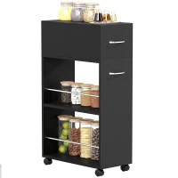 HOMCOM Carrello da Cucina con 2 Ripiani Aperti, Cassetto e Parapetti, Legno e Acciaio Inox, 25x50x85 cm, Nero(m-11)