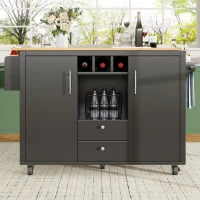 Îlot de cuisine avec table pliante, grand espace de rangement, casier à vin, porte-serviette et porte-épices, 137,9x45/73x92,2 cm, Noir(m-1)