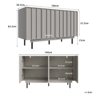 Bufet minimalist pentru sufragerie, cu 4 uși și rafturi reglabile, 140x38,5x82,5 cm, Gri(m-3)