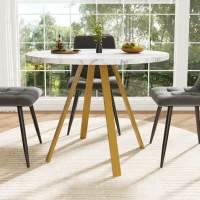 Tavolo da pranzo rotondo per 4 persone, con gambe in metallo dorato, 80x80x75 cm, Bianco e Oro(m-4)