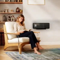 HOMCOM Chauffage mural en céramique 1000/2000W, radiateur électrique, ventilateur, thermostat, minuterie, 54x18,7x12,3cm, noir(m-10)