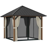 Outsunny 3 x 3(m) Hardtop Gazebo with Galvanised Steel Roof and Water Gutter, Waterproof Permanent Pavilion Garden Gazebo with Netting and Curtains for Patio, Deck, Walnut Wood Finish(m-1)