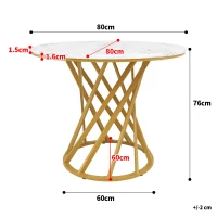 Tavolo da pranzo rotondo per 4 persone con piano in MDF e gambe in metallo, 80x80x76 cm, Bianco e Oro(m-3)