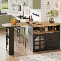 Bancone girevole a 360° con 2 cassetti, ripiano e vetro curvo, 138-204x39x104 cm, Nero(m-1)