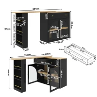 Bancone bar allungabile e girevole a 360° con scaffale laterale a 3 ripiani e ante in vetro, 138-204x39x104 cm, Nero(m-3)
