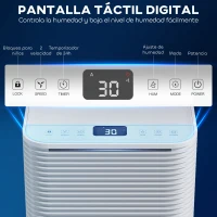 HOMCOM Deshumidificador 10L/día Silencioso con 3 Modos Pantalla LED Temporizado 24H Bloqueo Infantil y Drenaje Continuo Blanco(m-4)