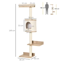 PawHut Copac pentru Pisici de Perete 38x30x149 cm cu Multiple Platforme din Lemn Vizuini Pat Superior Pernă Detașabilă Stâlpi Zgârietoare din Sisal Turn de Cățărat Bej și Stejar(m-3)
