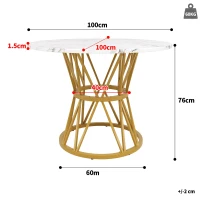 Tavolo da pranzo rotondo per 4 persone, gambe in metallo e piano in MDF, 100x100x76 cm, Bianco e Oro(m-3)