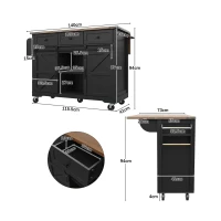 Kücheninsel mit klappbarer Tischplatte, Servierwagen auf Rollen mit 2 Schiebetüren und 3 Schubladen, 140 x 45/73 x 94 cm, Schwarz(m-3)