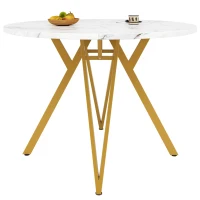 Tavolo da pranzo rotondo per 4 persone con piano in MDF, 100x100x76 cm, Bianco e Oro(m-8)