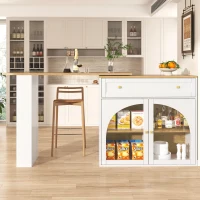 Bancone bar allungabile e girevole a 360° con scaffale laterale a 3 ripiani e ante in vetro, 138-204x39x104 cm, Bianco(m-1)