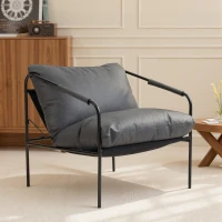HOMCOM Fauteuil de salon en cuir PU et structure métallique avec coussins épais, 74.5x75x77 cm, Gris charbon(m-4)