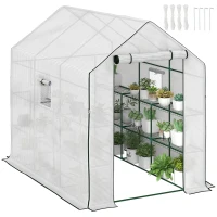Outsunny Walk-in Greenhouse with 3 Tier Shelves, Outdoor Green House Garden Grow House with Reinforced PE Cover, Roll-up Door and Mesh Windows, 140 x 213 x 190cm, White(m-10)