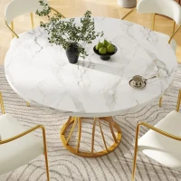 Tavolo da pranzo rotondo per 4 persone con piano in MDF, 80x80x76 cm, Bianco e Oro(m-4)