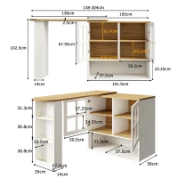 Bancone da bar girevole a 360° con ripiano per snack e 5 scaffali, 138-204x39x102,5 cm, Bianco(m-3)