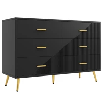 Buffet de salle à manger avec 6 tiroirs spacieux, portes d'armoire au design tridimensionnel et pieds dorés, 120x40x75 cm, Noir(m-2)