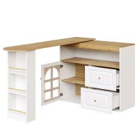 Buffet pivotant 360°, avec 2 tiroirs, étagère à snacks, verre cintré, 138-204x39x104 cm, Blanc(m-6)