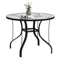 Outsunny Tempered Glass Top Round Outdoor Dining Table with Parasol Hole, 96.5 x 96.5 x 71 cm(m-10)