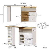 Buffet pivotant 360°, avec 2 tiroirs, étagère à snacks, verre cintré, 138-204x39x104 cm, Blanc(m-3)