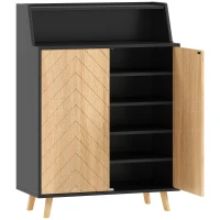 HOMCOM Zapatero Entrada Recibidor con 2 Puertas Estantes Ajustables y Compartimento Abierto 75x35x104 cm Negro y Natural(m-1)