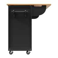 Îlot de cuisine avec table pliante, grand espace de rangement, casier à vin, porte-serviette et porte-épices, 137,9x45/73x92,2 cm, Noir(m-8)