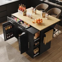 Îlot de cuisine avec plateau de table rabattable, desserte avec étagères à snacks et placards extensibles, 134,5x46/74x90,5 cm, Noir(m-5)