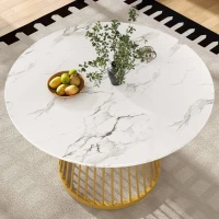 Tavolo da pranzo rotondo per 4 persone con piano in MDF e gambe in metallo, 80x80x76 cm, Bianco e Oro(m-4)