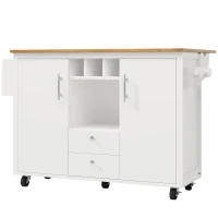 Îlot de cuisine avec table pliante, grand espace de rangement, casier à vin, porte-serviette et porte-épices, 137,9x45/73x92,2 cm, Blanc(m-2)
