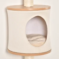 PawHut Copac pentru Pisici de Perete 38x30x149 cm cu Multiple Platforme din Lemn Vizuini Pat Superior Pernă Detașabilă Stâlpi Zgârietoare din Sisal Turn de Cățărat Bej și Stejar(m-4)