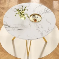 Tavolo da pranzo rotondo per 4 persone con piano in MDF, 100x100x76 cm, Bianco e Oro(m-4)