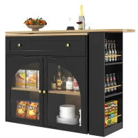 Bancone bar allungabile e girevole a 360° con scaffale laterale a 3 ripiani e ante in vetro, 138-204x39x104 cm, Nero(m-7)