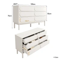 Buffet de salle à manger blanc avec 6 tiroirs spacieux, design tridimensionnel des portes d'armoire, 120x40x75 cm, Blanc(m-3)