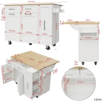 Îlot de cuisine avec plateau de table rabattable, desserte avec étagères à snacks et placards extensibles, 134,5x46/74x90,5 cm, Blanc(m-3)