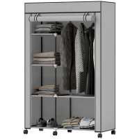 HOMCOM Roupeiro de Tecido Dobrável com 6 Prateleiras 1 Barra de Pendurar e Rodas para Dormitório Vestidor 103x43x162,5 cm Cinza(m-7)