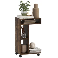 HOMCOM Tavolino laterale, carrello portavivande a forma C, 4 ruote, 3 scomparti, 40 x 30 x 69 cm, Marrone rustico(m-1)