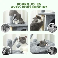 PawHut Arbre à chat à 3 niveaux tour pour chat 2 niches et surface de repos confortable, balle 43 x 33 x 80 cm gris foncé(m-7)