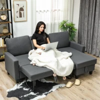 HOMCOM Divano Letto 3 Posti con Chaise e Spazio Contenitore, in Tessuto Effetto Lino, 197x129x85 cm, Grigio Carbone(m-9)