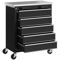 HOMCOM Carrinho de Ferramentas com 5 Gavetas Fecho Rodas com Travão e Bancada em Aço Inoxidável 65,5x34,5x76 cm Preto e Prateado(m-10)