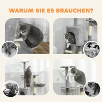 PawHut Kratzbaum Katzenbaum mit Höhle, 4 Spielzeuge, Sisalstämme, große Plattform, Treppe, für Katzen unter 5 kg, Grau(m-8)